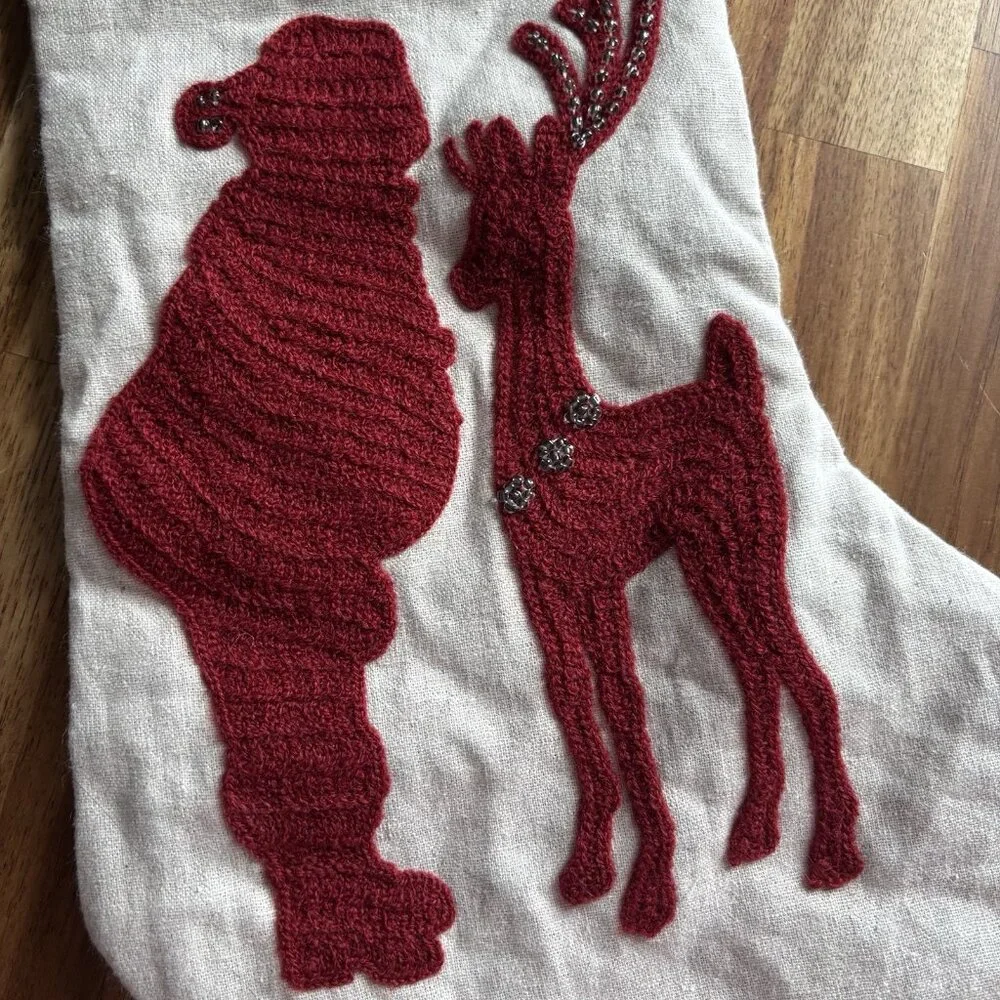 1 Pottery Barn Kids Christmas Stocking Santa Claus Reindeer Linen Velvet Holiday